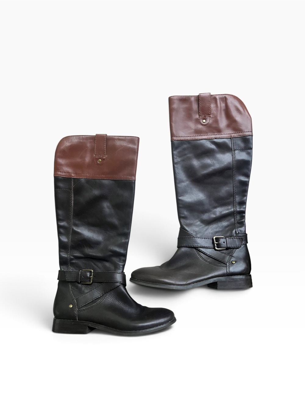 Women’s Marc Fisher Audrey Two-Tone Black and Brown Leather Riding Boots